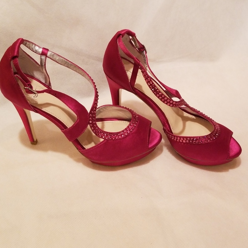 Dress Heels, Open Toe - Size: 6.5 M / Fuscia Satin
